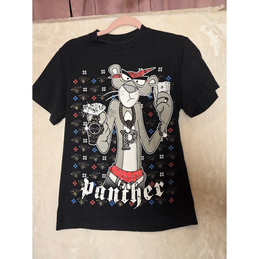 Pink Panther Hustler Graphic T-Shirt Black Rhinestone Glitter Streetwear Tee